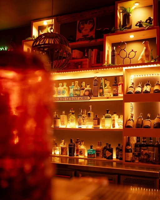 Scaffali con la selezione di vini e distillati del bancone